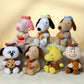Collection of Snoopy and Woodstock plush toys on a textured surface with a neutral background