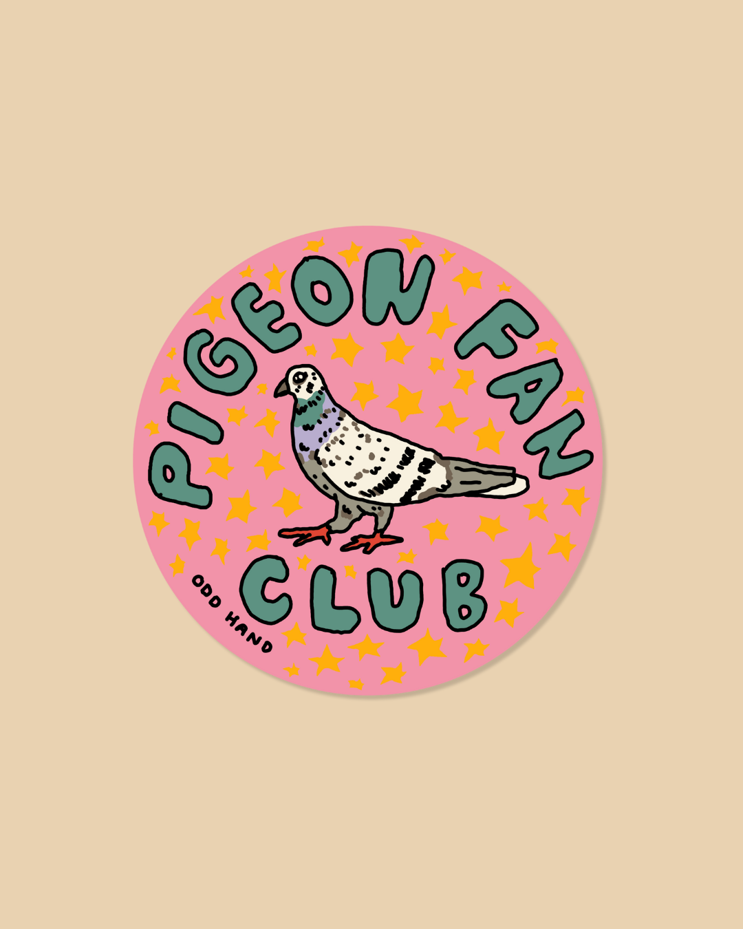 A round sticker design on a beige background, featuring a pink circle with the words 'PIGEON FAN CLUB' in green letters, yellow stars, and an illustrated pigeon in the center. Small text at the lower left reads 'OLD HAND'.