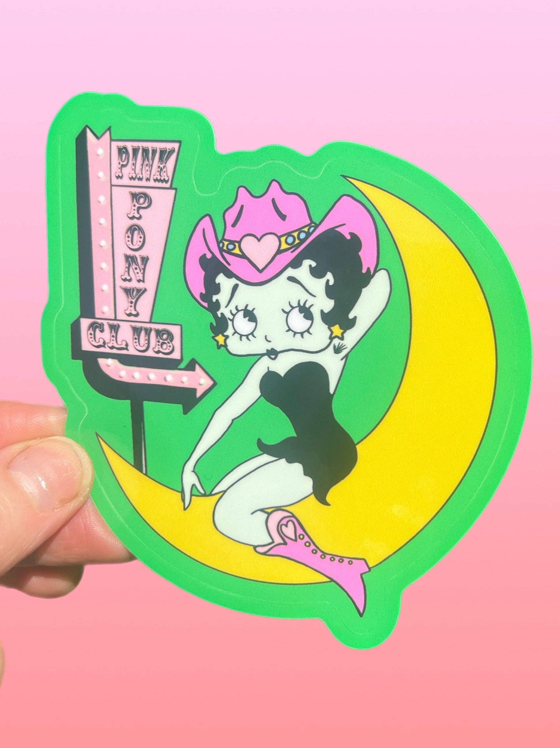 Sticker of betty boop character from 'Pink Pony Club' on a pink background