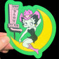 Sticker of betty boop 'Pink Pony Club' on a crescent moon with a pink pony club sign.