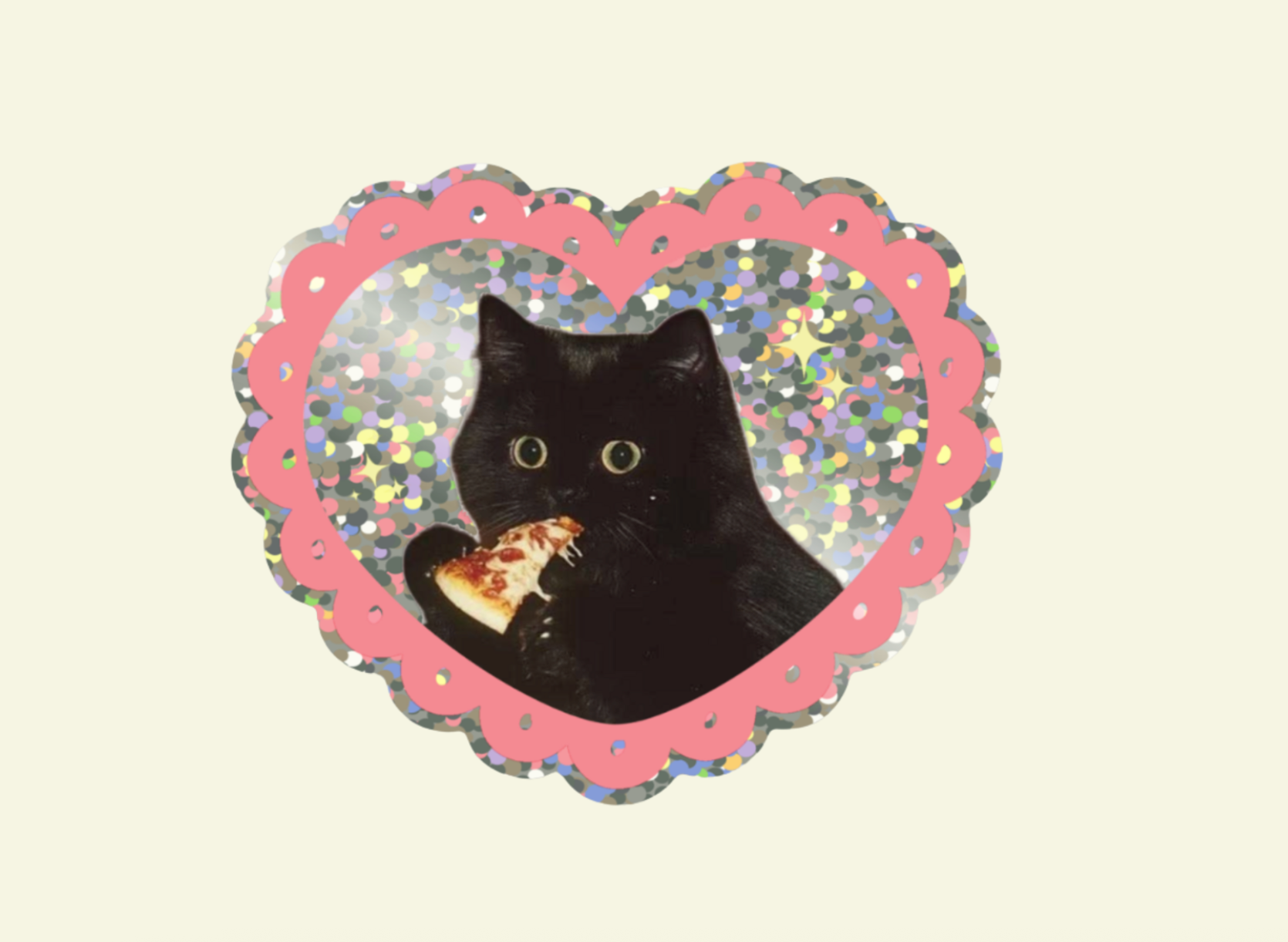 Sticker of a black cat holding a pizza inside a heart-shaped frame with a pink border on a beige background.