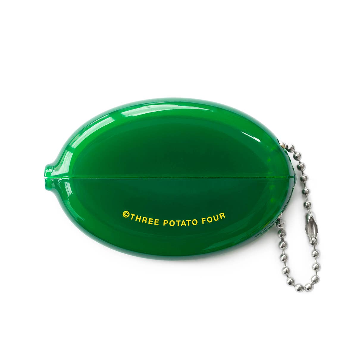 Green oval container with 'Three Potato Four' text and metal chain on a white background