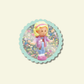 Polly pocket girl with blonde hair and pink outfit on a glitter background