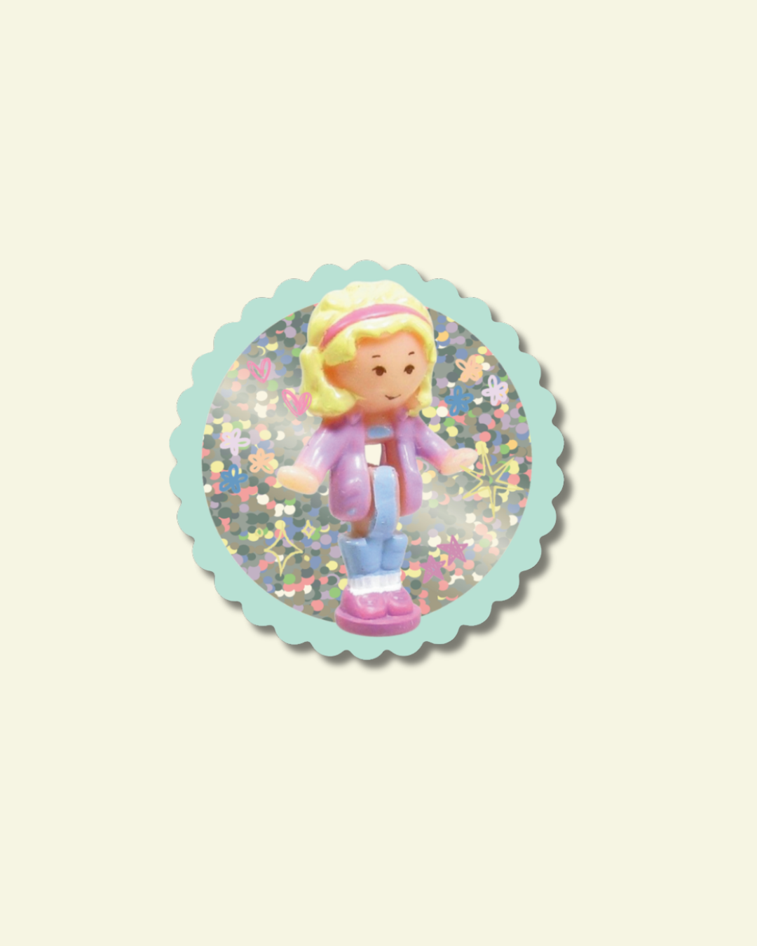 Polly pocket girl with blonde hair and pink outfit on a glitter background