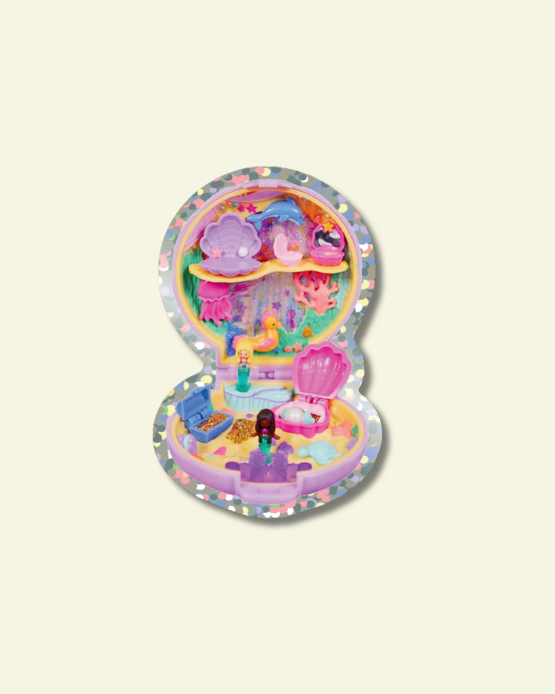 Colorful polly pocket on a light beige background