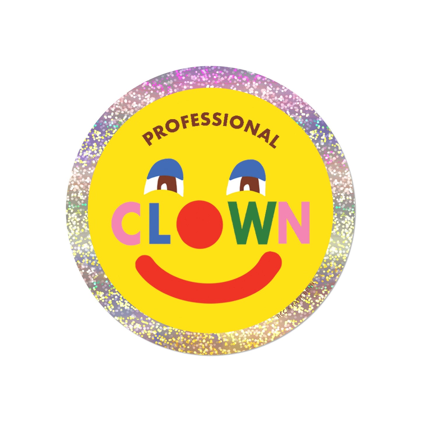 Sticker of a smiley face and 'Professional Clown' text on a glitter background