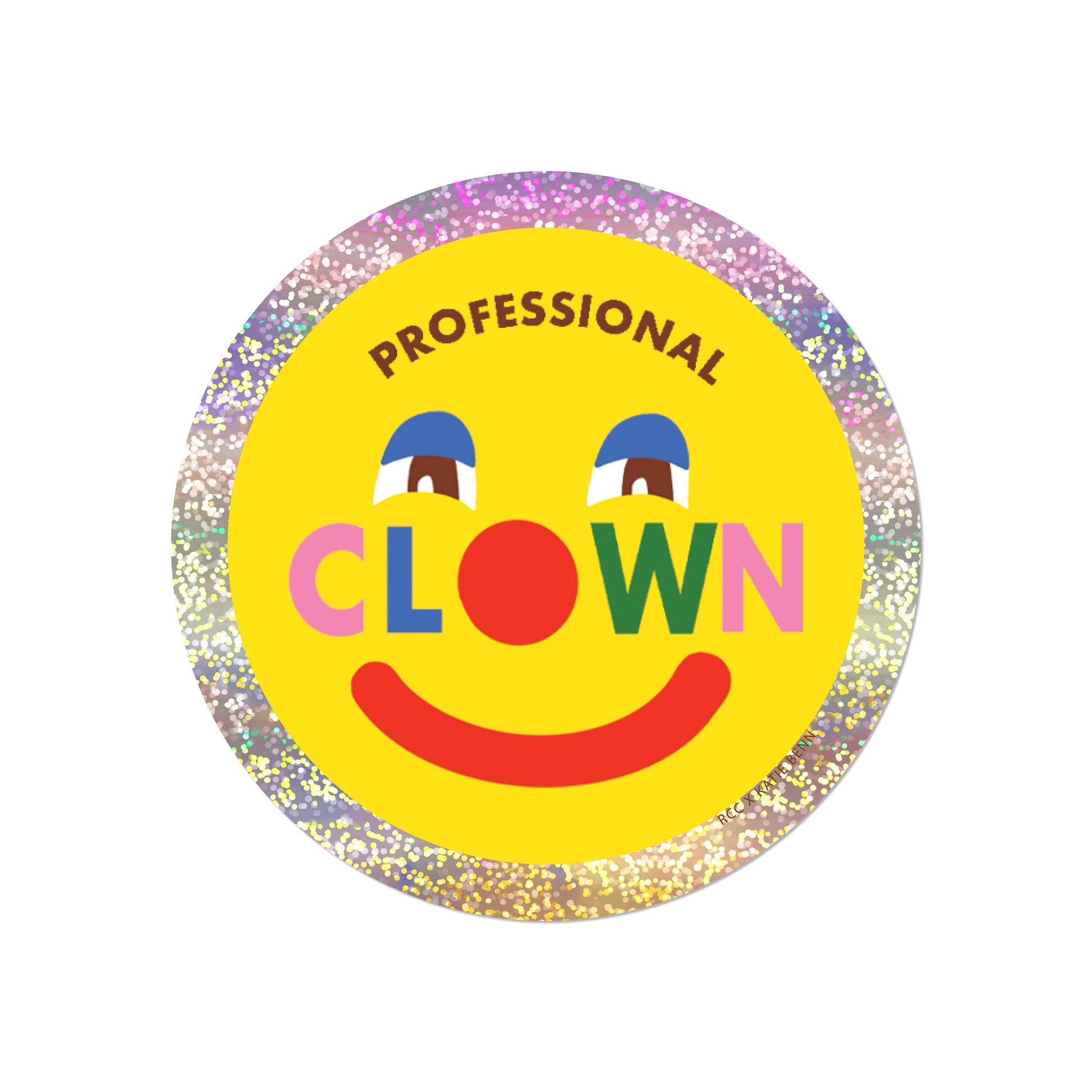 Sticker of a smiley face and 'Professional Clown' text on a glitter background