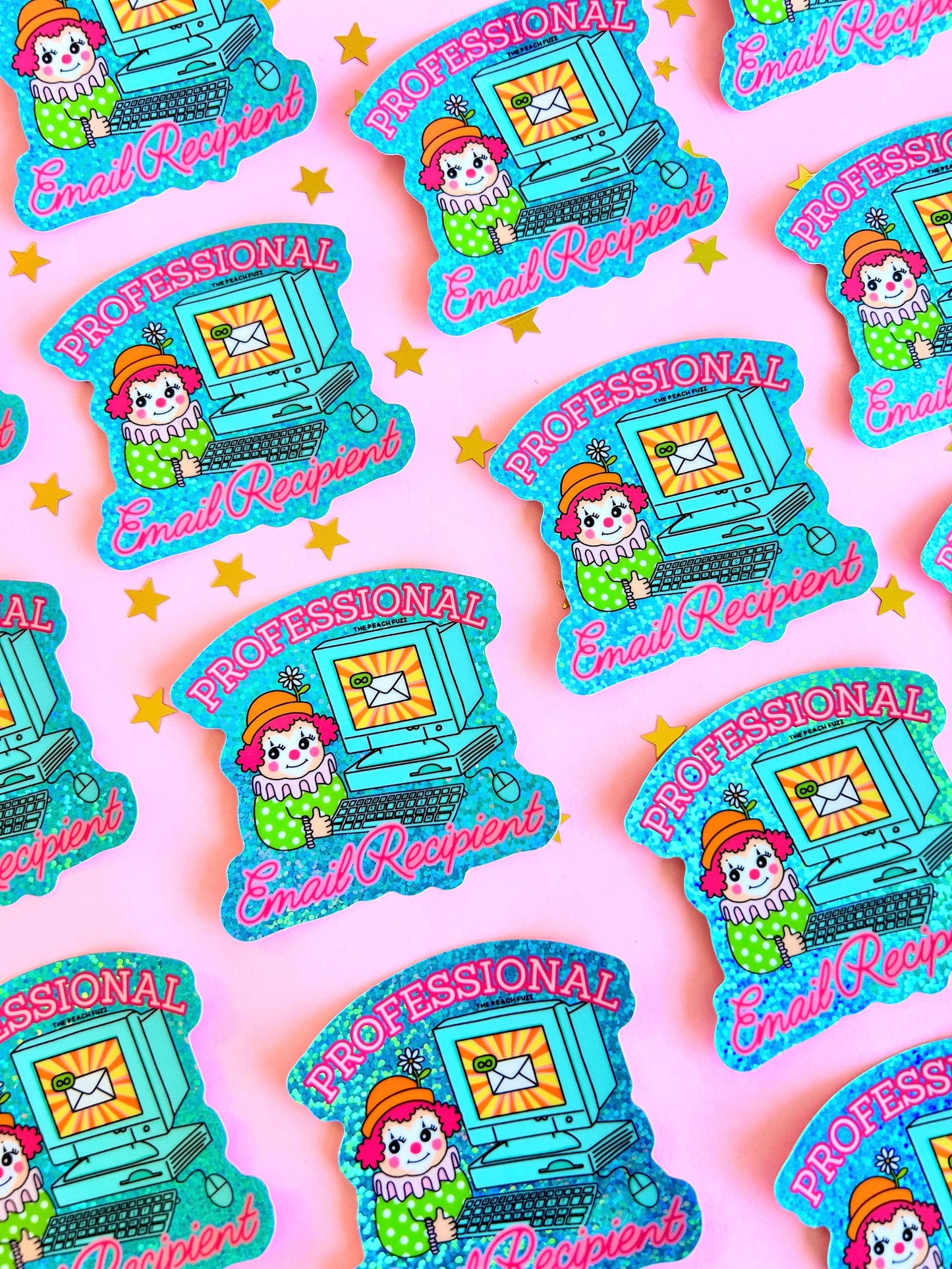 Stickers with a character holding a computer and text 'Professional Email Recipient' on a pink background.