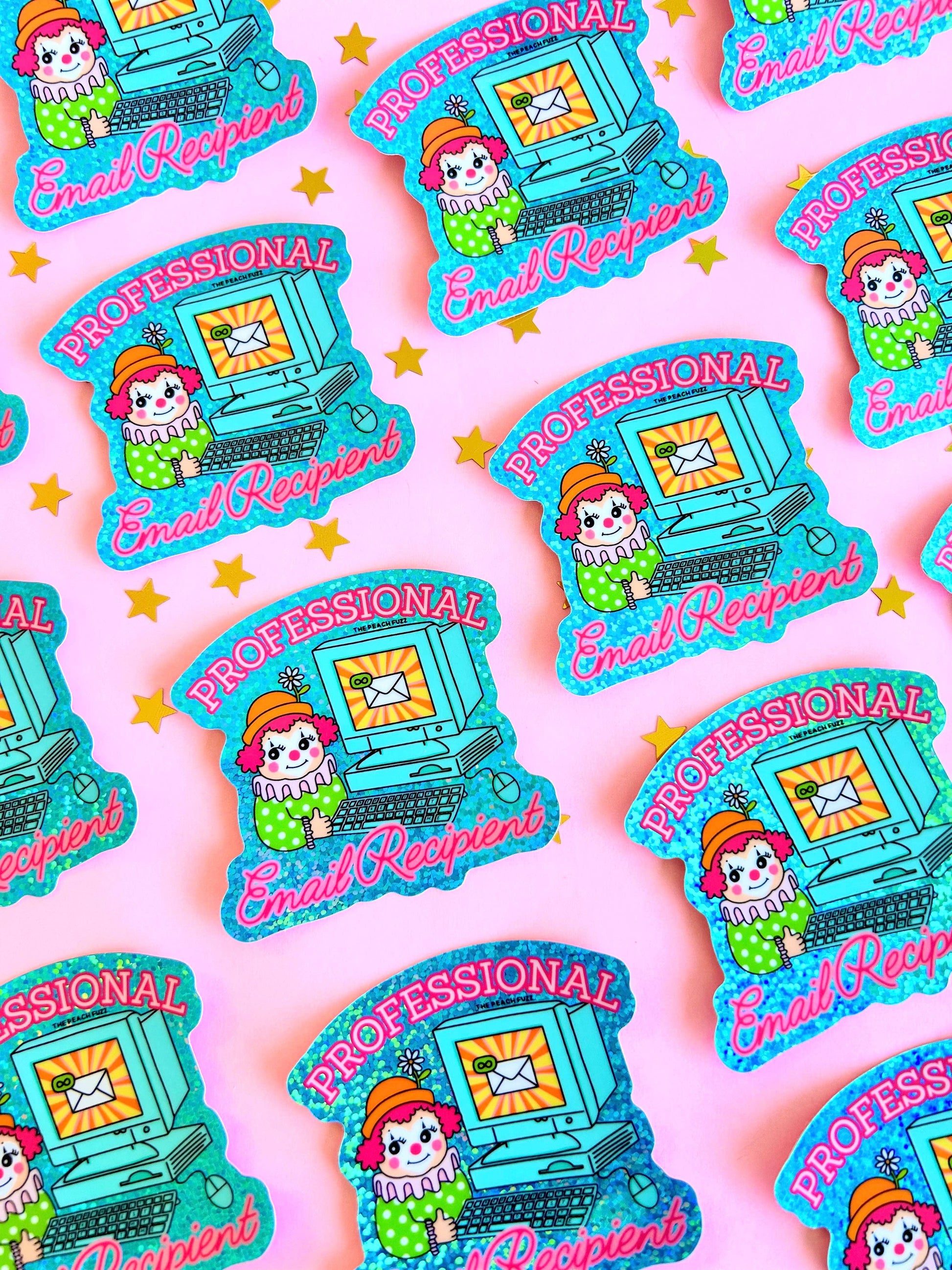 Stickers with a character holding a computer and text 'Professional Email Recipient' on a pink background.