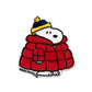Snoopy character wearing a red coat and winter hat on a white background, with 'Peanuts' branding.