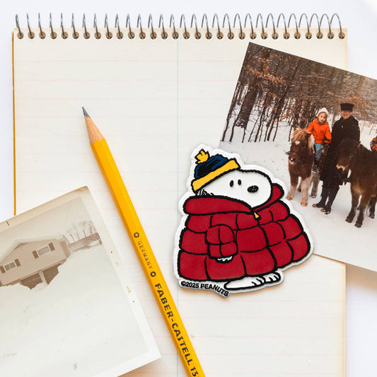 Magnet of snoopy in a red coat with a yellow pencil on a notebook