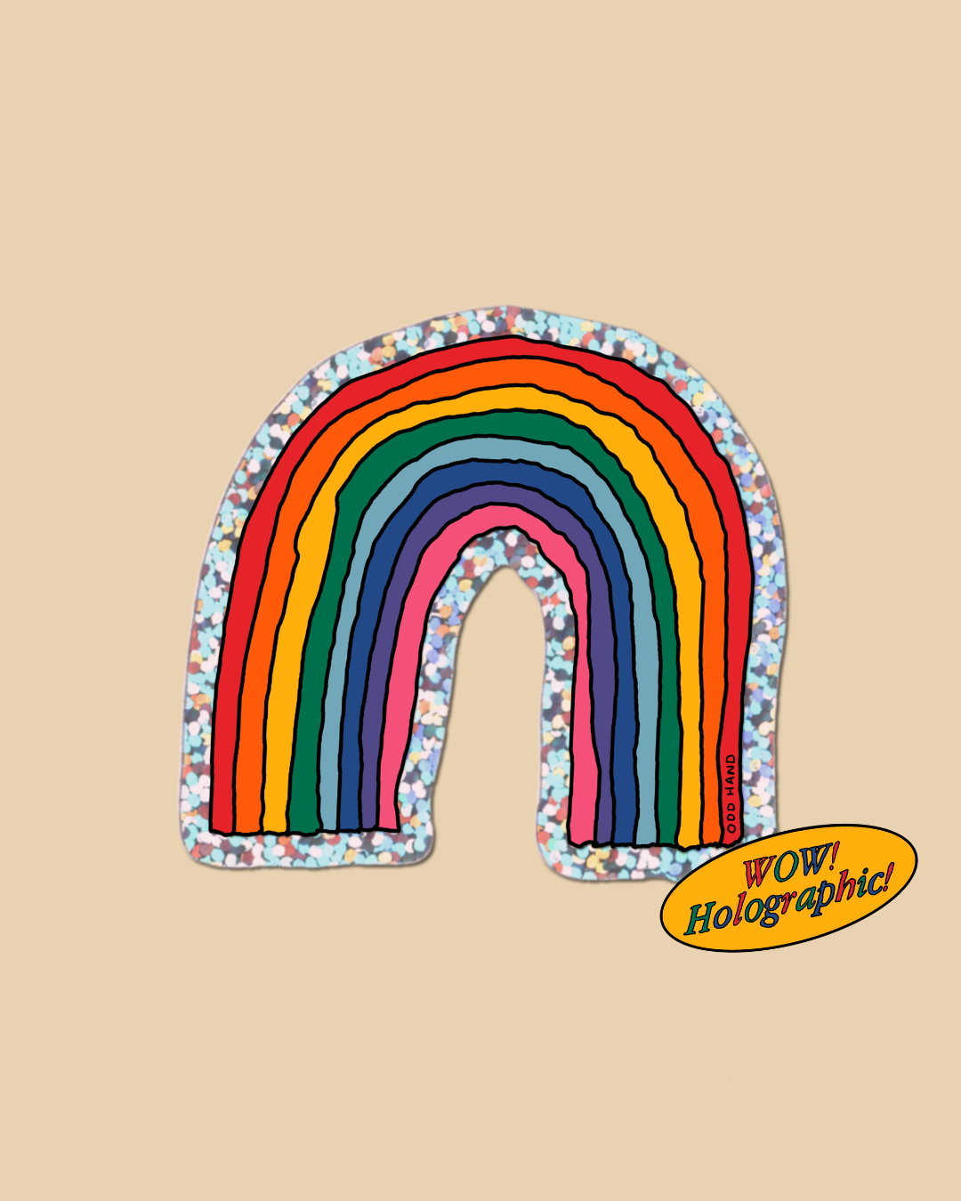 Holographic rainbow-shaped sticker with a 'WOW Holographic!' label on a beige background
