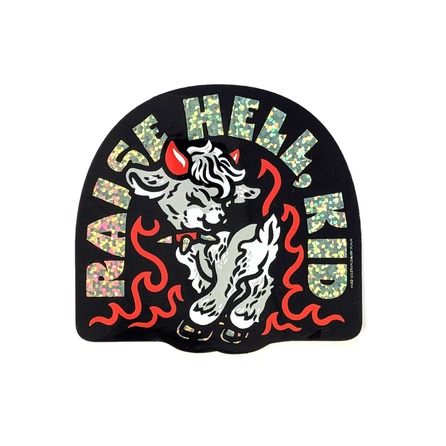 Sticker with a graphic of a goat and text on a black background
