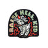 Sticker with a graphic of a goat and text on a black background