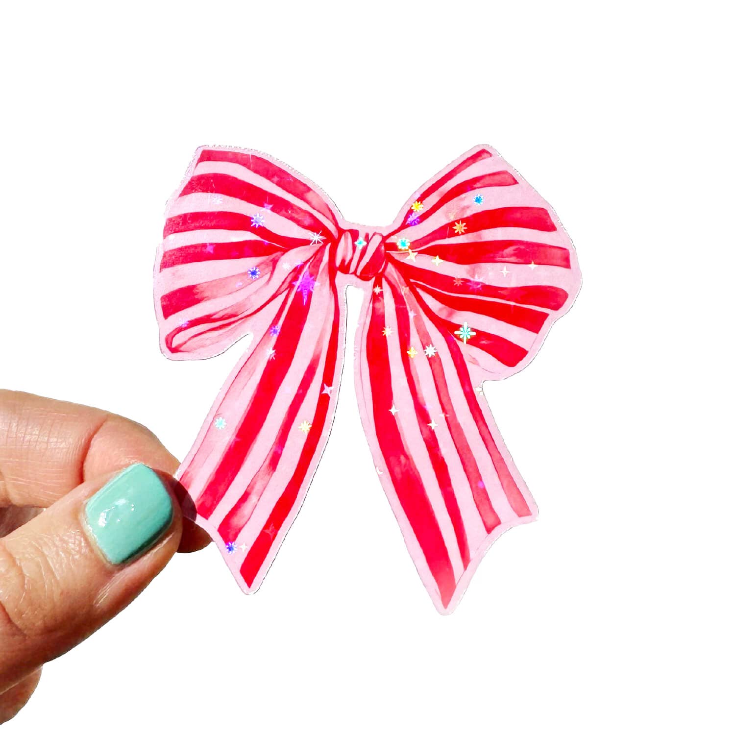 Large red and pink striped bow with glitter on a white background