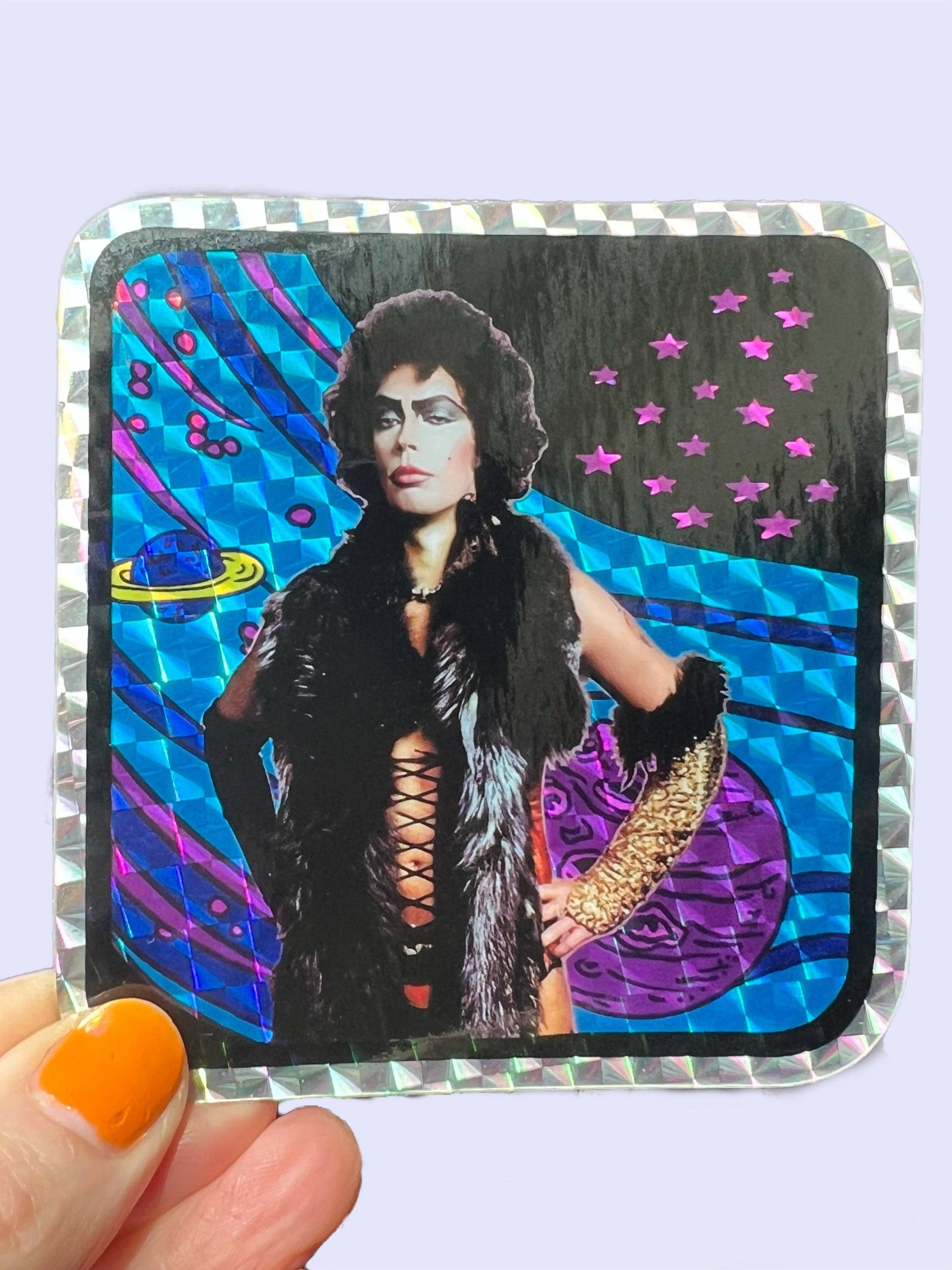 Holographic sticker with a person in a glamorous outfit against a colorful background