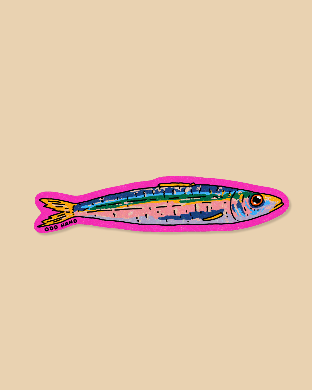 A stylized fish-shaped sticker with a bright pink border and multicolored body details, shown on a plain beige background. Small text near the tail reads 'ODD MADE'.