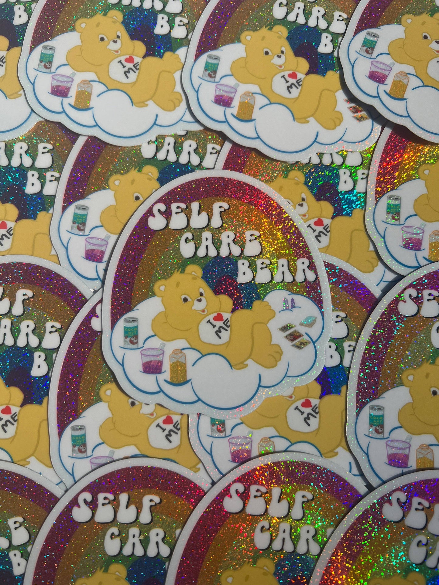 Sticker with a self-care bear design on a colorful background