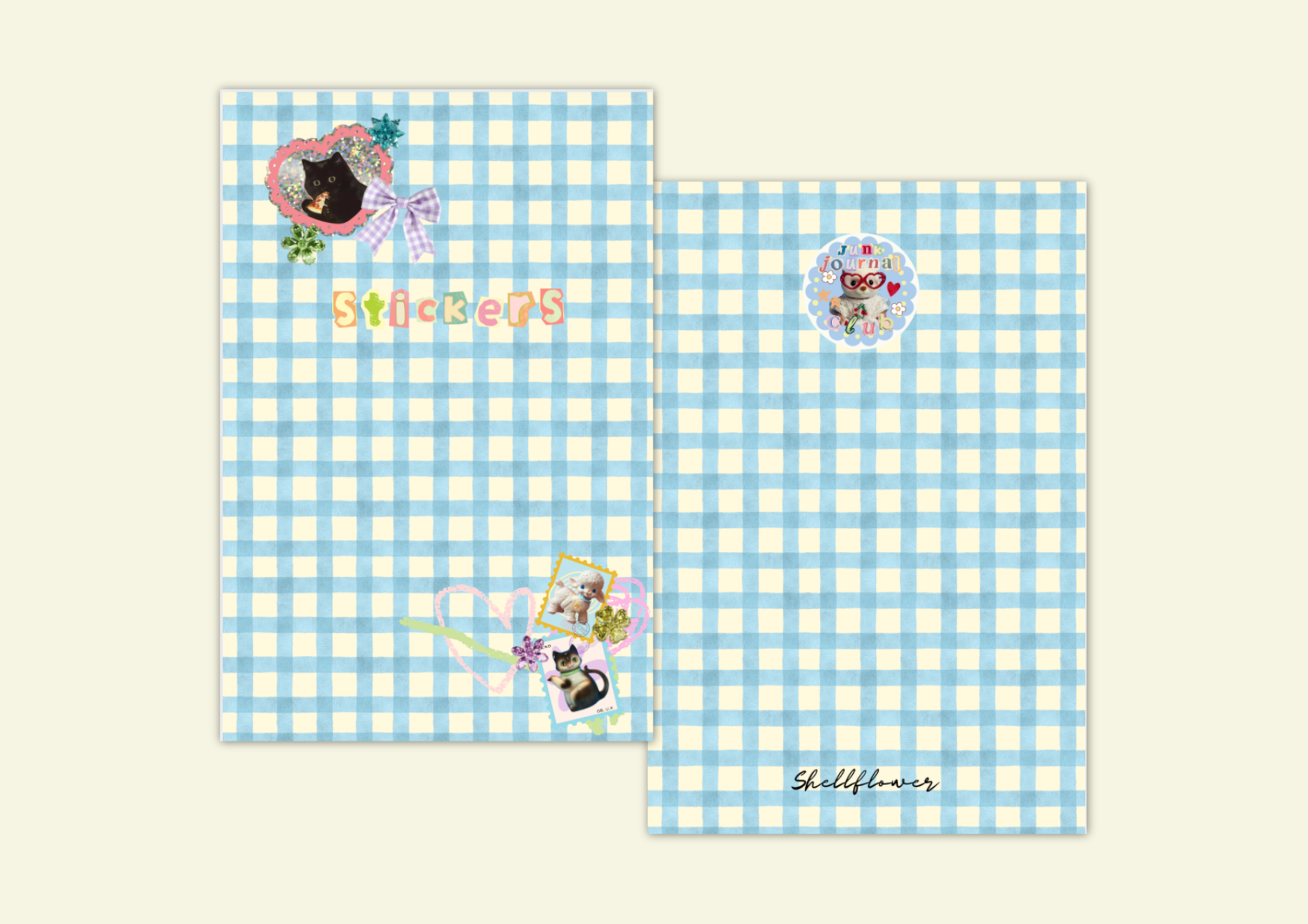 Two blue and white checkered sticker books