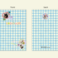 Sticker book with blue checkered design on front and back, featuring cartoon characters.