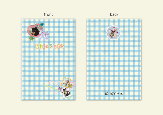 Sticker book with blue checkered design on front and back, featuring cartoon characters.