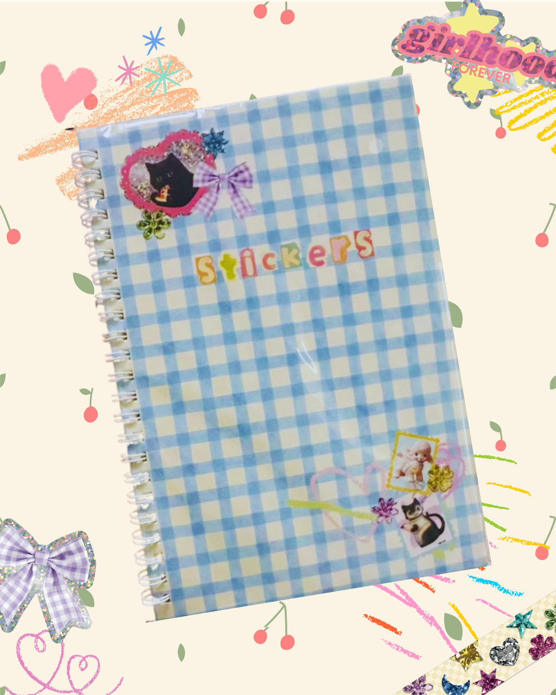 Checkered stickerbook on a colorful background
