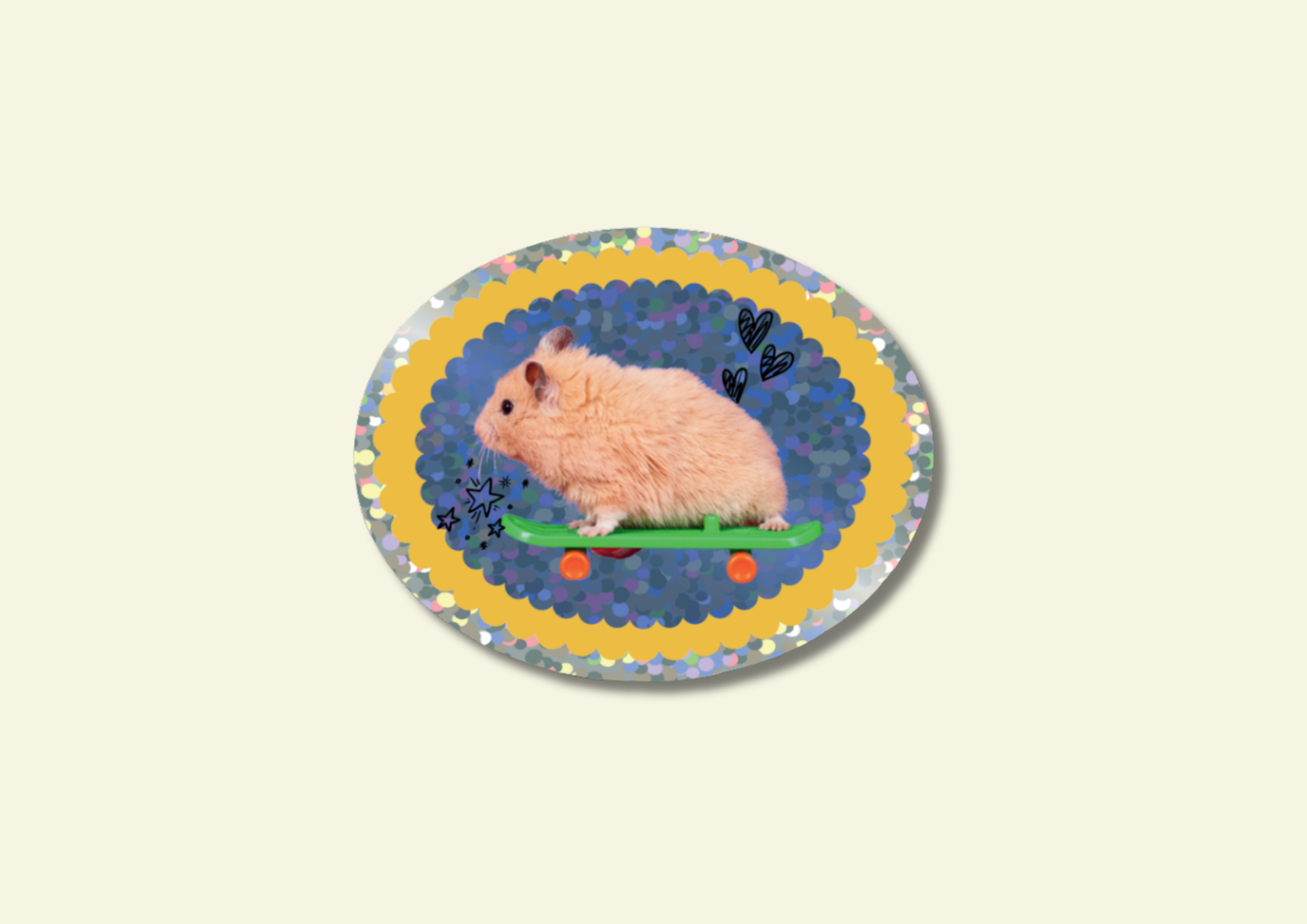 Glitter sticker with a hamster on a skateboard design on a beige background