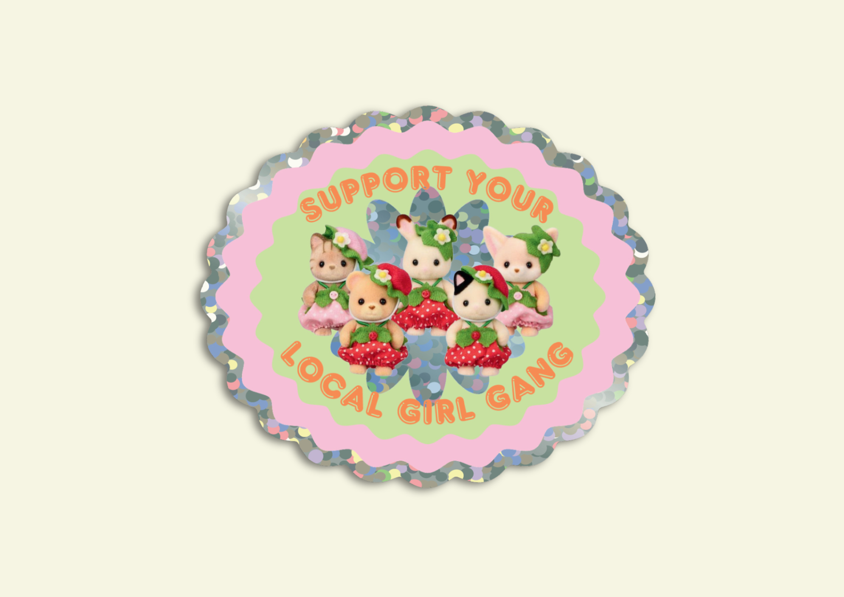 Circular sticker with cartoon characters and text 'Support your local girl gang' on a light pink background