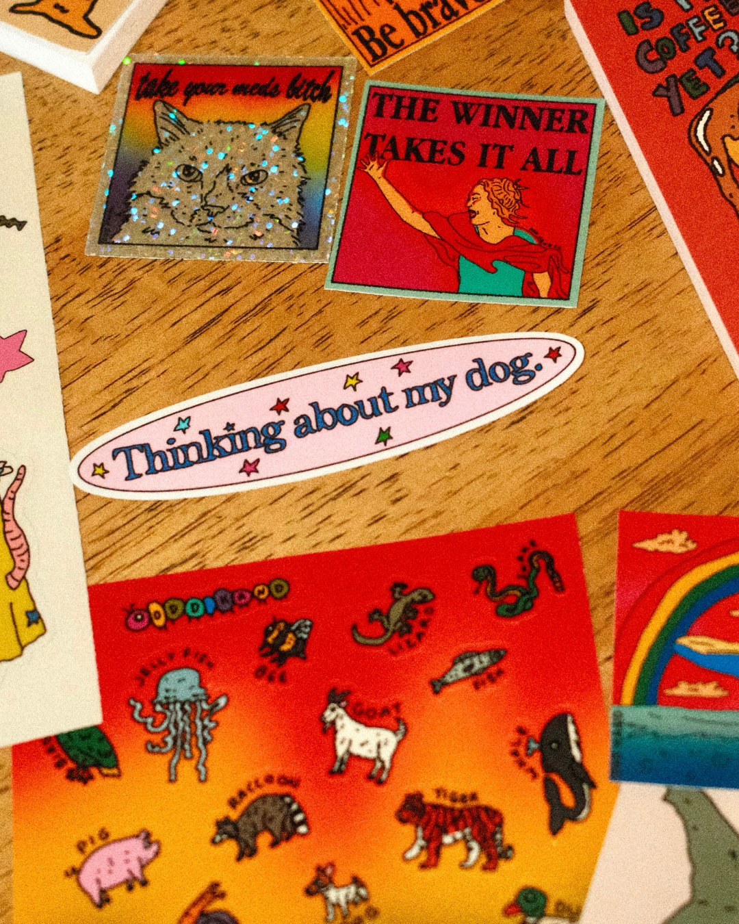 A collection of colorful stickers displayed on a wooden tabletop. The stickers feature various designs including a glittery cat, a red graphic with the text 'THE WINNER TAKES IT ALL', a pink oval sticker reading 'Thinking about my dog.
