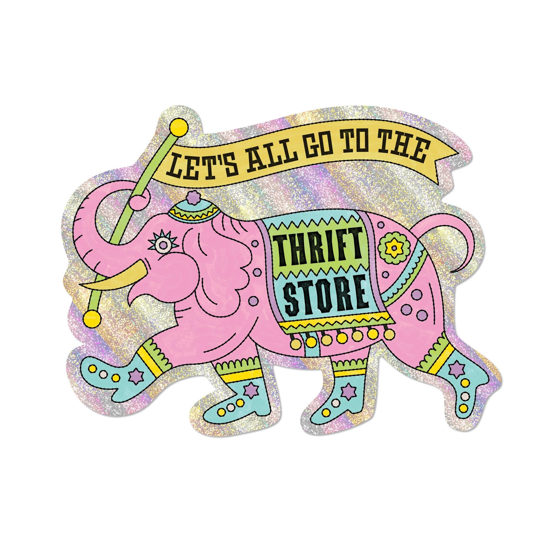 Colorful elephant sticker with a banner and 'Thrift Store' text on a glitter background