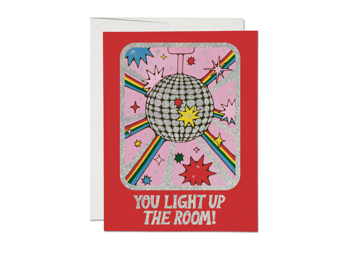 Greeting card with disco ball design and text 'You light up the room!' on a red background.