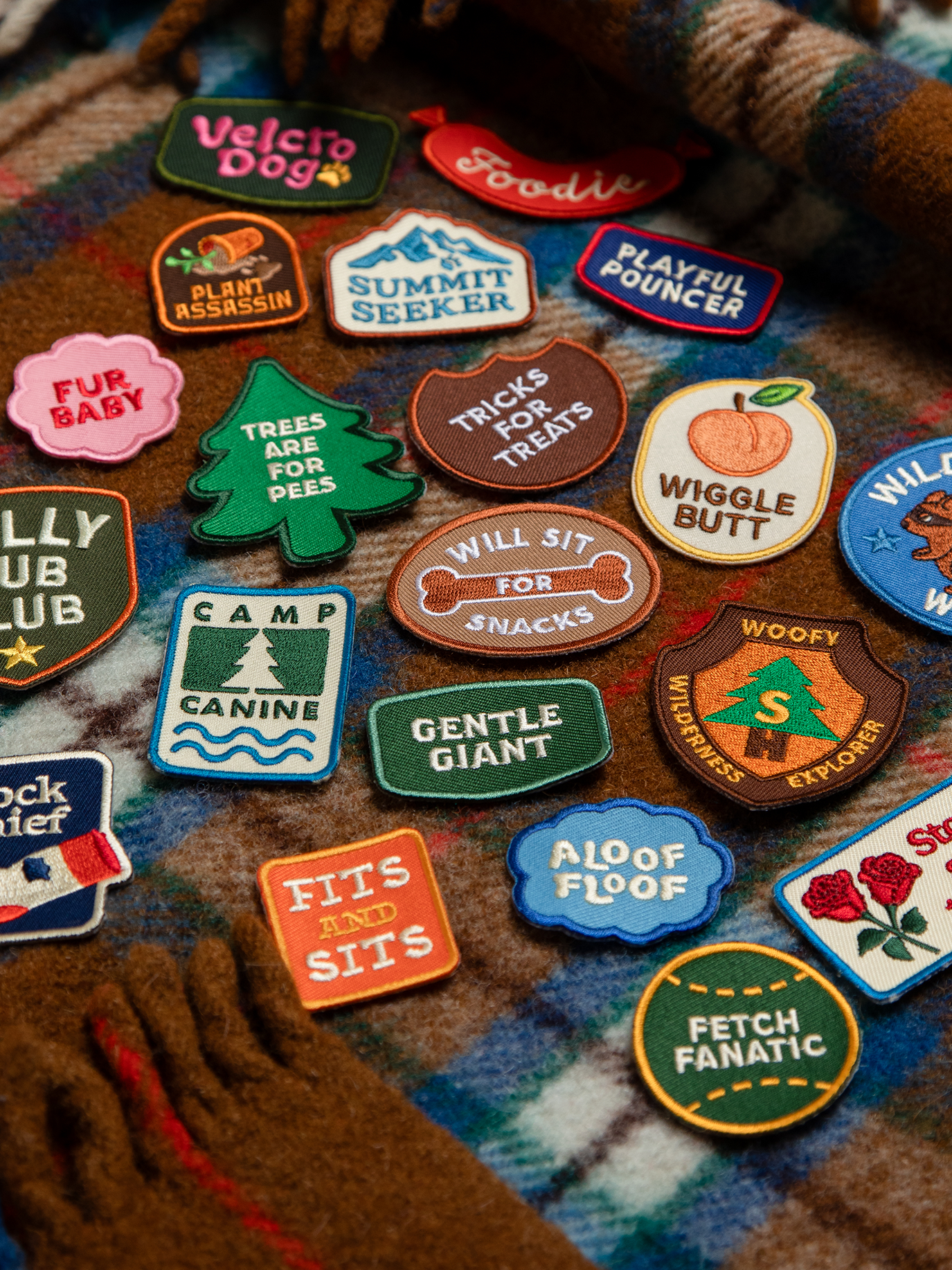 Collection of various dog-themed patches on a plaid fabric background