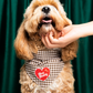 Dog wearing a checkered bandana with a heart design against a green curtain background