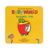 Enamel pin with cartoon character in an apple on a yellow card with &