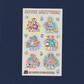Sheet of 'Cutie Critters' stickers with cartoon characters on a blue background