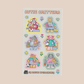 Sticker sheet with cartoon characters labeled 'Cutie Critters' on a beige background