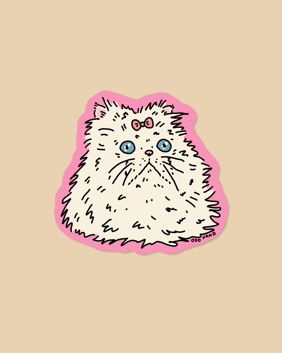 A die-cut sticker featuring a fluffy white cat with blue eyes and a pink bow, outlined in black and set against a pink border, displayed on a solid beige background.