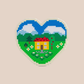 Heart-shaped pixel art sticker with a house and landscape on a beige background