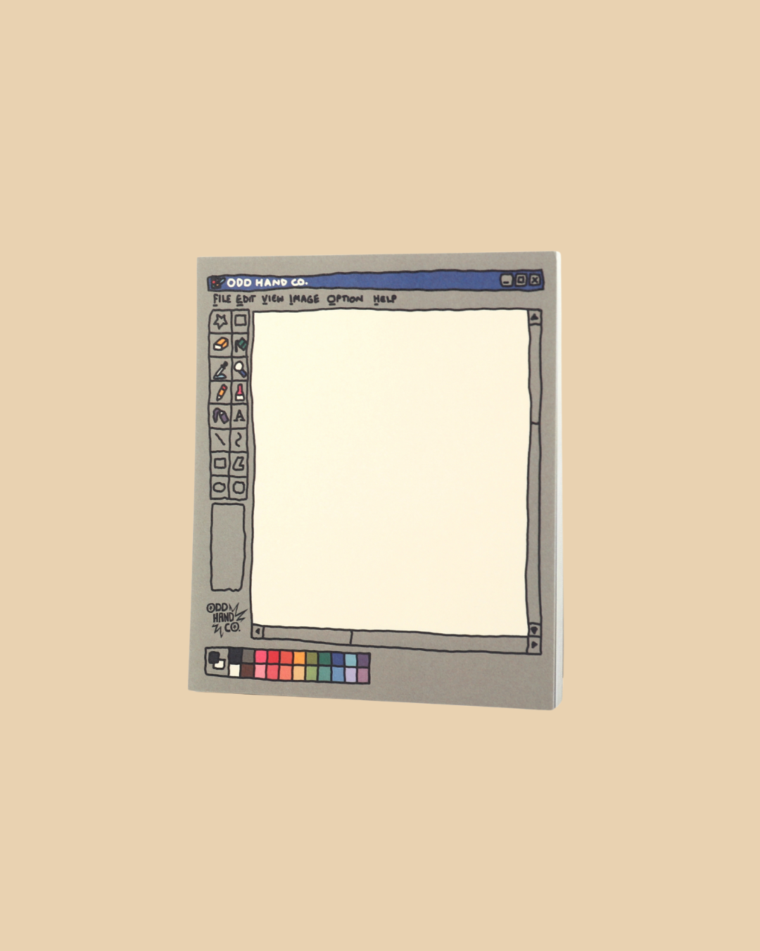 A square notepad featuring a retro computer graphics window illustration on a beige background.