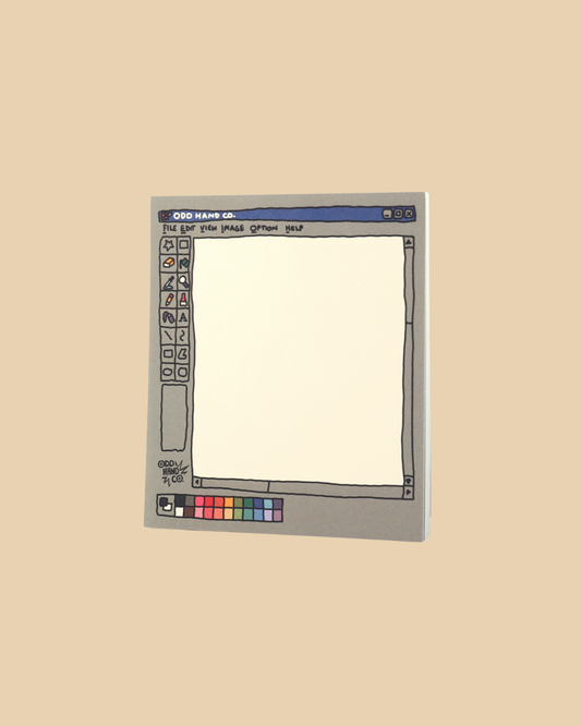 A square notepad featuring a retro computer graphics window illustration on a beige background.