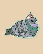 A die-cut sticker featuring a cute, stylized illustration of a pigeon with gray and green feathers, wearing a pink princess hat, set against a solid beige background.