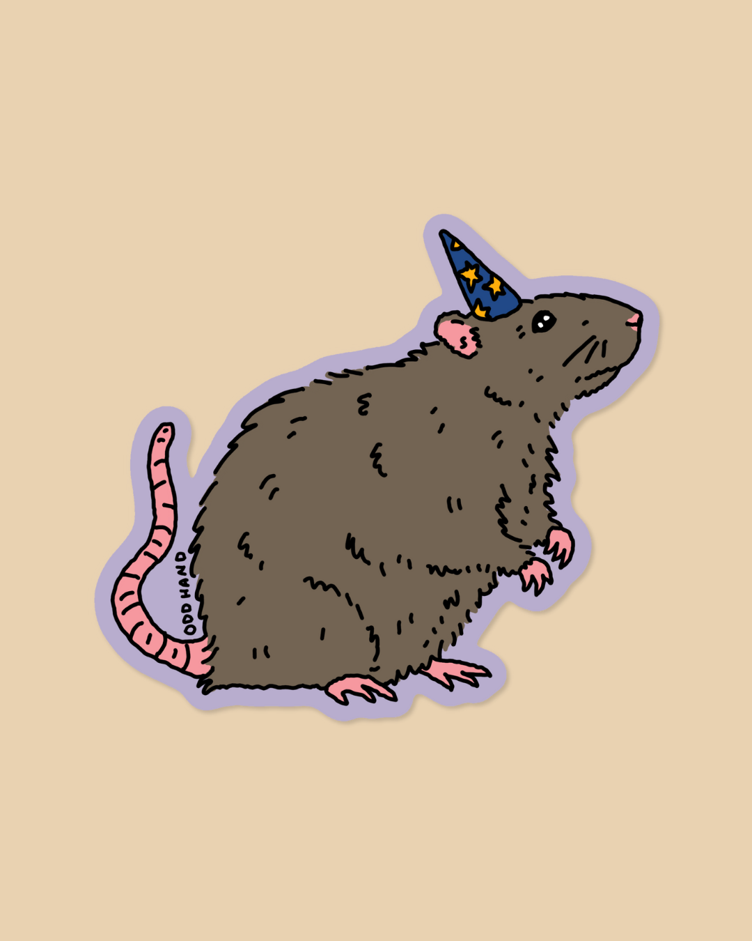 A cartoon-style rat illustration wearing a blue party hat with yellow stars, shown on a plain beige background.
