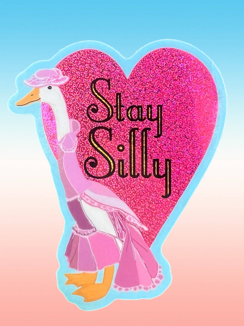 Pink goose sticker with a heart and 'Stay Silly' text on a gradient background