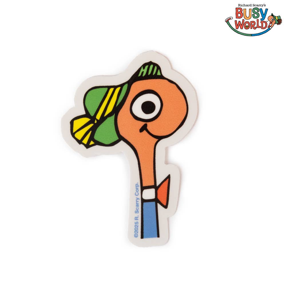 Cartoon worm magnet with a green and yellow hat on a white background, featuring the 'Busy World' logo.