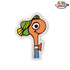 Cartoon worm magnet with a green and yellow hat on a white background, featuring the &